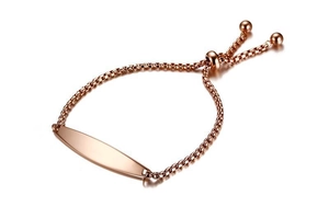 Close-up of rose gold box chain bracelet with adjustable sliding bead and curved metal bar