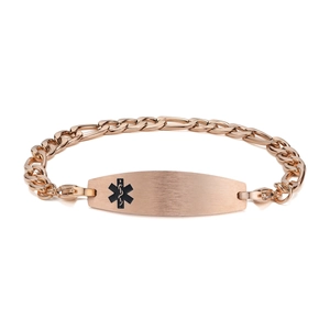 Medizinisches Notfallarmband in Roségold mit Figaro-Kette und gebürsteter Platte