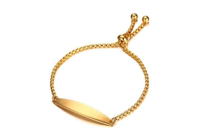 Detail of adjustable gold-plated box chain bracelet with curved engraving plate