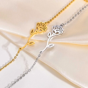 Minimalist Stainless Steel Rose Flower Bracelet Gold Silver Plated Hollow Floral Link Chain Adjustable Jewelry Gift