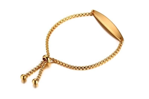 Detailed view of gold stainless steel box chain bracelet with adjustable slider clasp