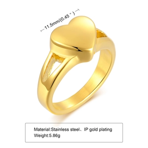 Detail of 11.5mm heart urn ring in gold plated stainless steel showing size and weight
