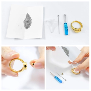 Gold heart urn ring set showing filling tools and close-up of the sealing screw details