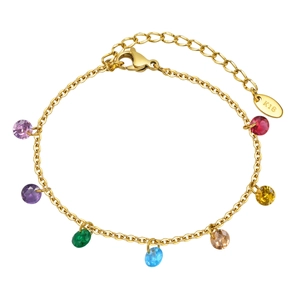 Gold stainless steel bracelet with seven colorful cubic zirconia stones and K18 tag