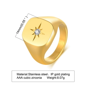 Gold-plated stainless steel signet ring with an eight-pointed star and cubic zirconia