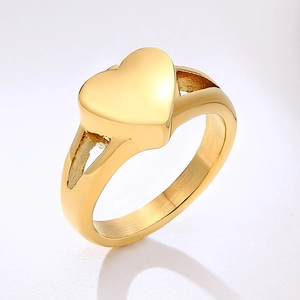Detailed side view of a polished gold heart-shaped cremation ring with hollow band design
