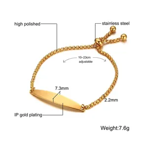 Gold stainless steel ID bracelet with adjustable sliding buckle and polished bar