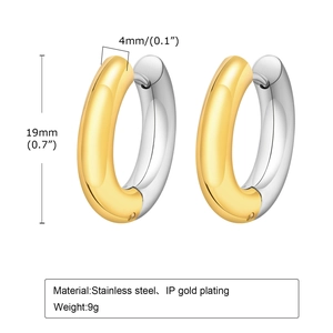 Detail specifications of 19mm two-tone stainless steel hoop earrings showing size and weight