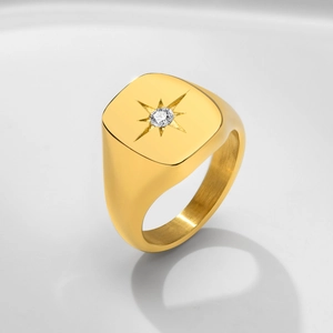 Stainless Steel Zirconia Star Signet Ring For Women Eight Pointed Star Geometric Square Gold Plated Fashion Jewelry Ring