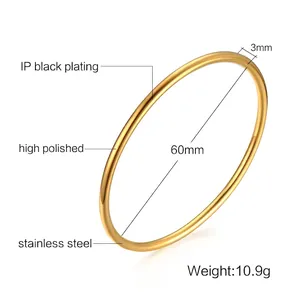 Minimalist 60mm gold stainless steel bangle with polished 3mm round tube design