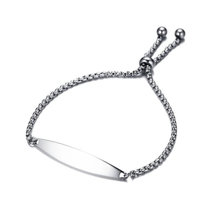 Polished silver stainless steel box chain ID bracelet with adjustable slider and curved bar