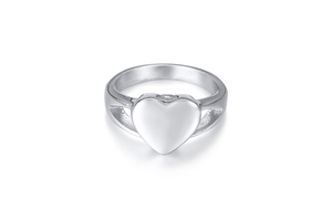 Macro view of silver heart urn ring with hollow side design and polished finish
