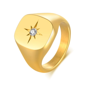Gold stainless steel signet ring with engraved starburst pattern and zircon stone