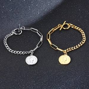Collier Bracelet Pendentif Pièce D'or En Acier Inoxydable Pour Femme Chaîne À Maillons Mixtes Fermoir Cabillot Bijoux