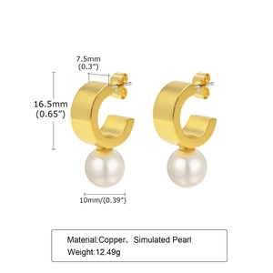 Polished gold C-shaped copper earrings with white simulated pearls and dimensions