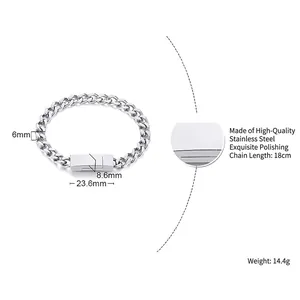 Bracelet à mailles cubaines 6mm en acier inoxydable argenté avec détails de dimensions