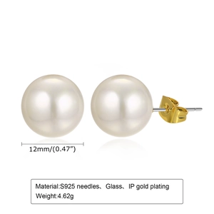 Boucles d'oreilles perles de verre 12mm tige en argent S925 plaqué or IP