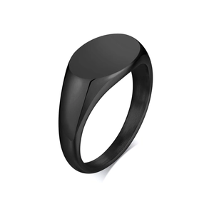 Minimalist black stainless steel oval signet ring with polished mirror finish and brushed inner