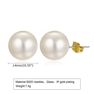 Boucles d'oreilles perles de 14mm avec tiges en argent S925 et finition dorée