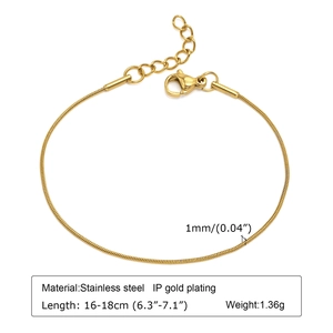 Bracelet chaîne serpent de 1mm en acier inoxydable doré avec fermoir réglable pour femme