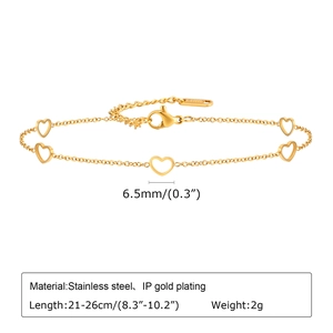 Gold stainless steel anklet with five hollow heart charms and adjustable chain