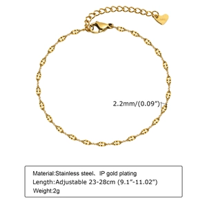 Detail of 2.2mm IP gold plated stainless steel anklet with lobster clasp and heart charm