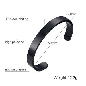 Polished black stainless steel open bangle bracelet 8mm wide for men and women