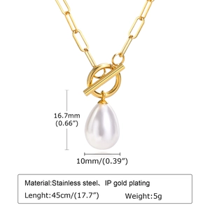 Collier trombone doré en acier inoxydable avec fermoir OT et pendentif perle en goutte