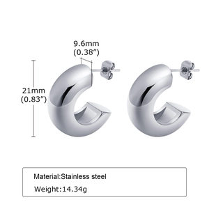 Detailed size specifications for silver C-shaped chunky stainless steel hoop earrings