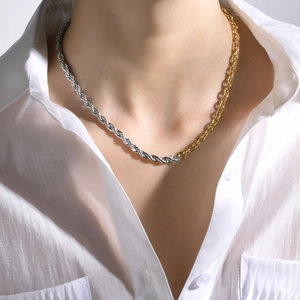 Collana Asimmetrica Bicolore in Acciaio Inossidabile per Donna Placcata Oro Argento Catena a Corda Chiusura Toggle Gioielli Moda