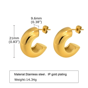 Golden chunky stainless steel C-shaped hoop earrings with detailed size and material specs
