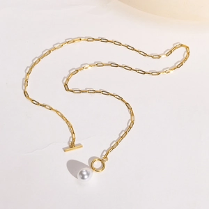 Collier chaîne trombone en acier inoxydable doré avec perle et fermoir à bascule