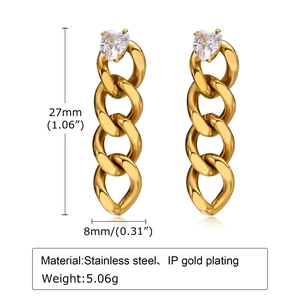 Boucles d'oreilles chaînes dorées en acier inoxydable avec oxyde de zirconium cœur