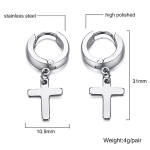 Orecchini a cerchio con croce in acciaio inossidabile argento lucido, altezza 31mm, unisex