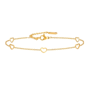 Gold stainless steel anklet with five hollow heart charms on a sleek minimalist chain