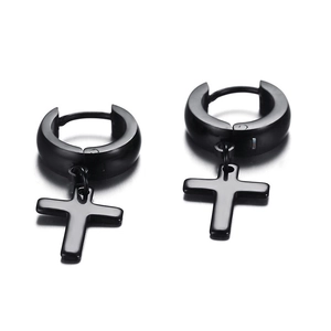 Orecchini a cerchio in acciaio inossidabile nero con ciondolo a croce unisex