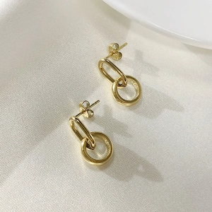 Boucles d'Oreilles Pendantes en Acier Inoxydable Double Cercle Entrelacé pour Femmes Poli Plqué Or IP Géométrique