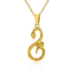 Collana in acciaio inossidabile dorato con pendente artistico a serpente e rosa lucida