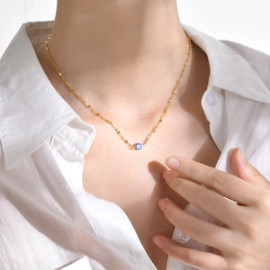 Minimalist Stainless Steel Evil Eye Pendant Necklace For Women Gold Plated Blue Round Charm Adjusted Chain Fashion Jewelry