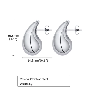 Detailed dimensions of silver teardrop hollow earrings in polished stainless steel