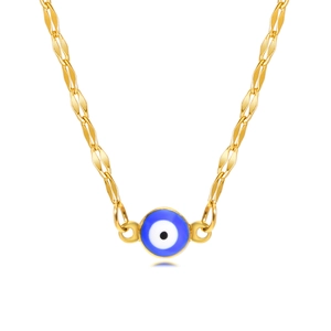 Golden stainless steel necklace featuring a blue evil eye pendant on a twisted chain