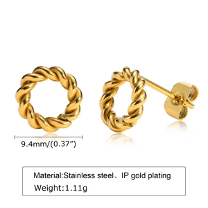 Golden twisted round stud earrings in stainless steel with 9.4mm diameter and butterfly back