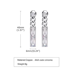 Long bar copper drop earrings with AAA cubic zirconia in silver finish, 40mm height