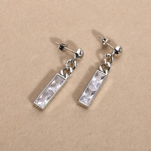 Elegant silver long chain drop earrings featuring rectangular zircon pendants for women