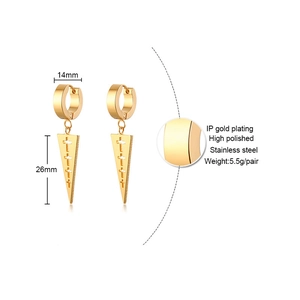 Close-up of gold stainless steel earrings with hollow cross and high polished finish
