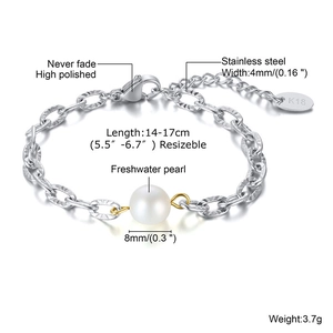 Polished stainless steel bracelet with 8mm freshwater pearl and adjustable chain link