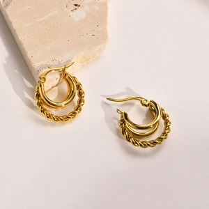 Boucles d'Oreilles Créoles en Acier Inoxydable Double Couche Corde Torsadée pour Femme Or Géométrique Bijoux