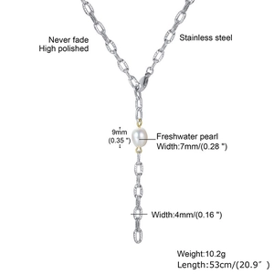 Polished stainless steel chain necklace with freshwater pearl pendant, length 53cm