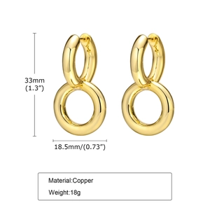 Minimalist double hoop gold plated copper earrings with size and weight dimensions