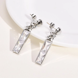 Silver geometric long drop earrings with sparkling rectangular cubic zirconia stones